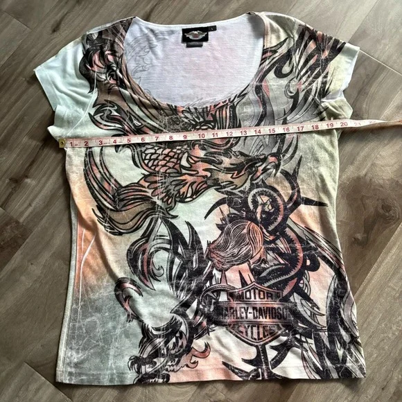 Harley-Davidson Women's L‎ Graphic Tee Dragon Wings All Over Print T-Shirt USA - Picture 10 of 11